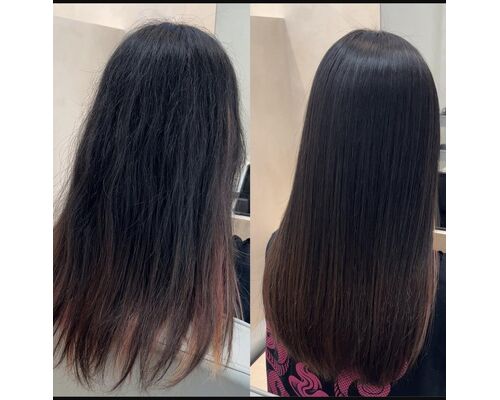 ヘアアイロンで整える前と後の髪の比較
